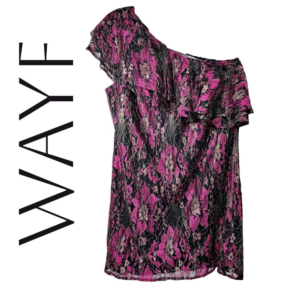 WAYF One Shoulder Ruffle Metallic Lace Mini Party Dress Fuchsia Gold Black Large